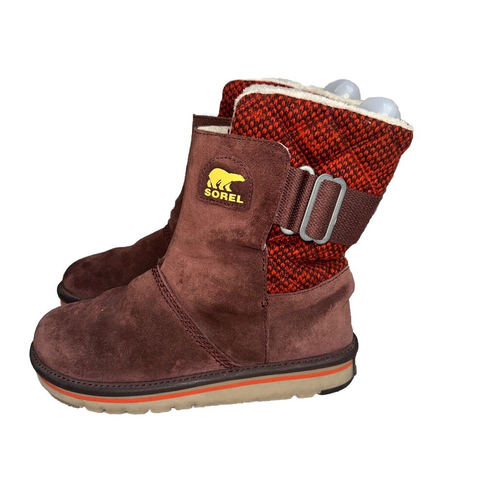 SOREL NL2070-259 Newbie Suede & Fabric Boot 6.5 Burgundy Red Yellow Logo Mid